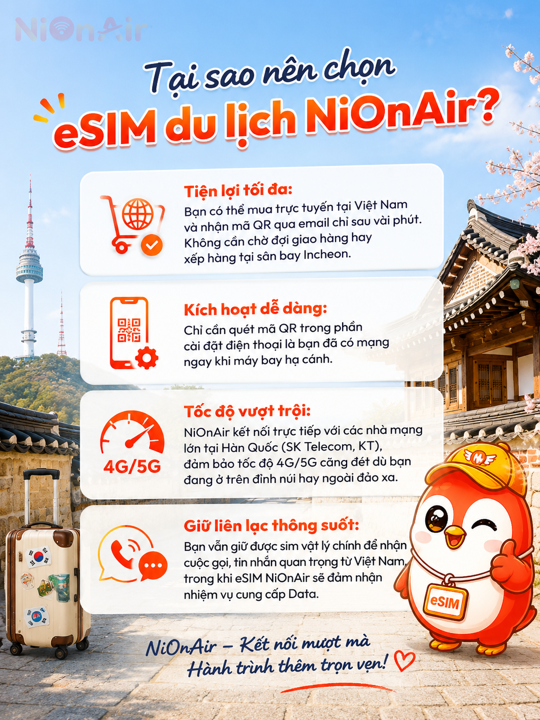 Những ưu điểm giúp bạn quyết định lựa chọn eSIM du lịch Hàn Quốc NiOnAir
