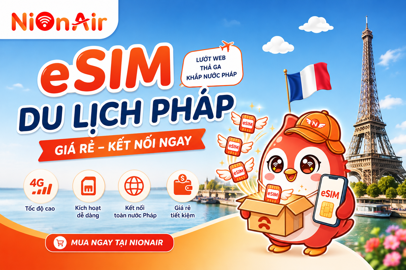 eSIM Du Lịch Pháp giá rẻ NIONAIR kết nối Internet tốc độ cao 