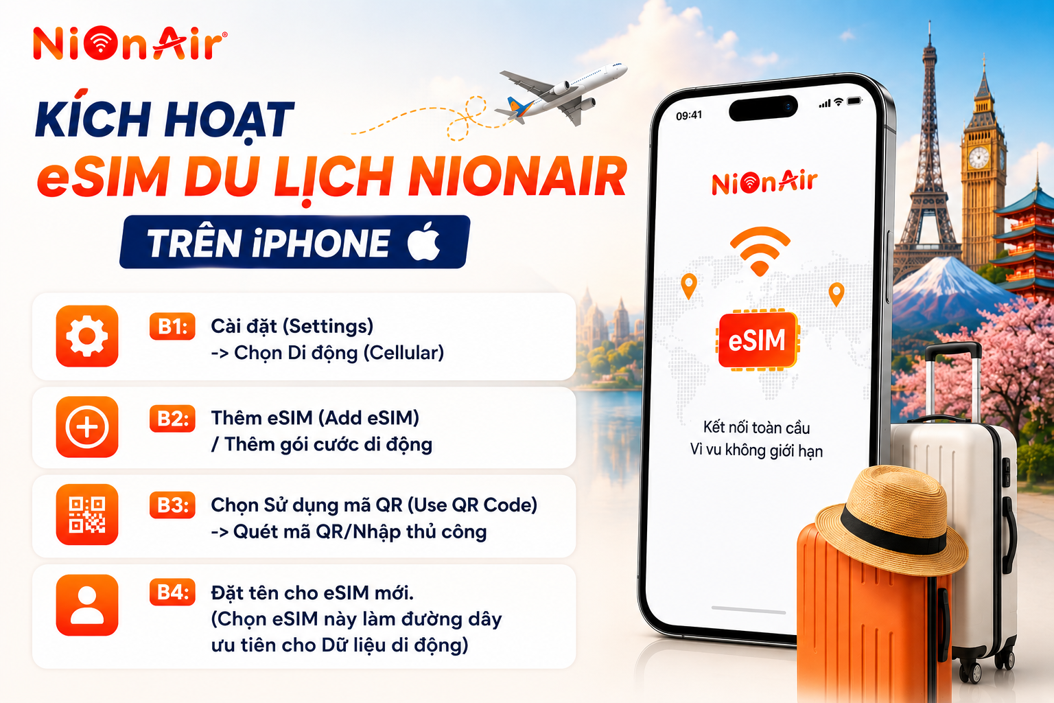 4 bước đơn giản kích hoạt eSIM du lịch NIONAIR trên Ịphone